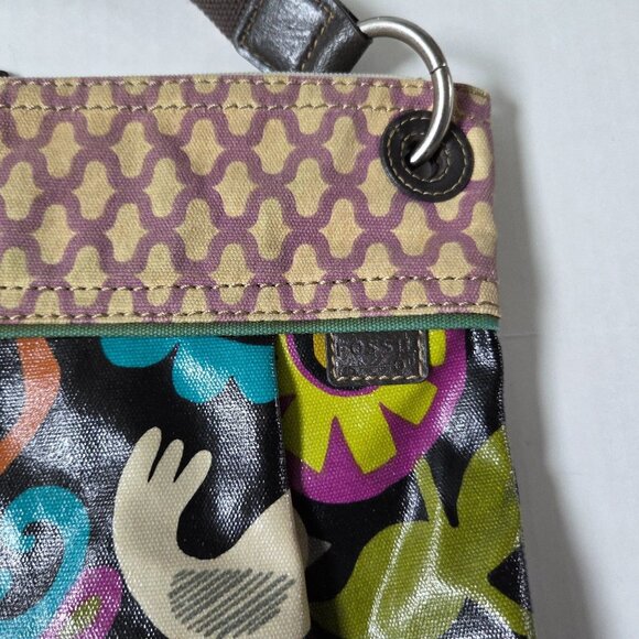 Fossil Purse Key Per Black Floral Birds Colorful Crossbody Preppy Boho Mod - Picture 2 of 9
